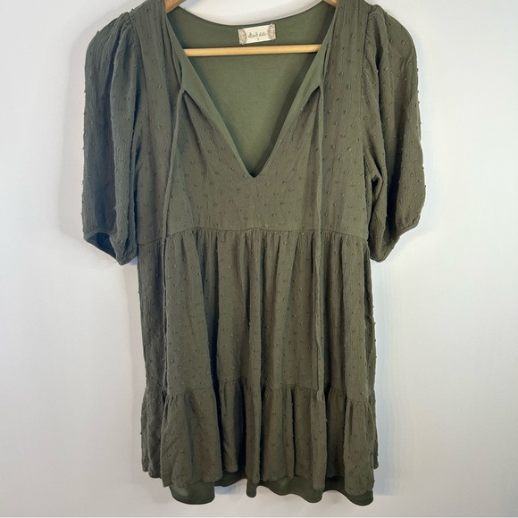 Altar’d State Olive Green Clip Dot Mini Dress, S, Blouson Sleeve, Boho, V-Neck - Picture 1 of 8